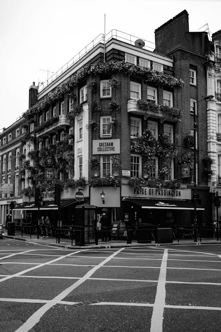 Black and white photograph of a multi-storey brick building on a city street corner, with several balconies decorated with potted plants and flowers. The ground floor features a pub or bar with large
